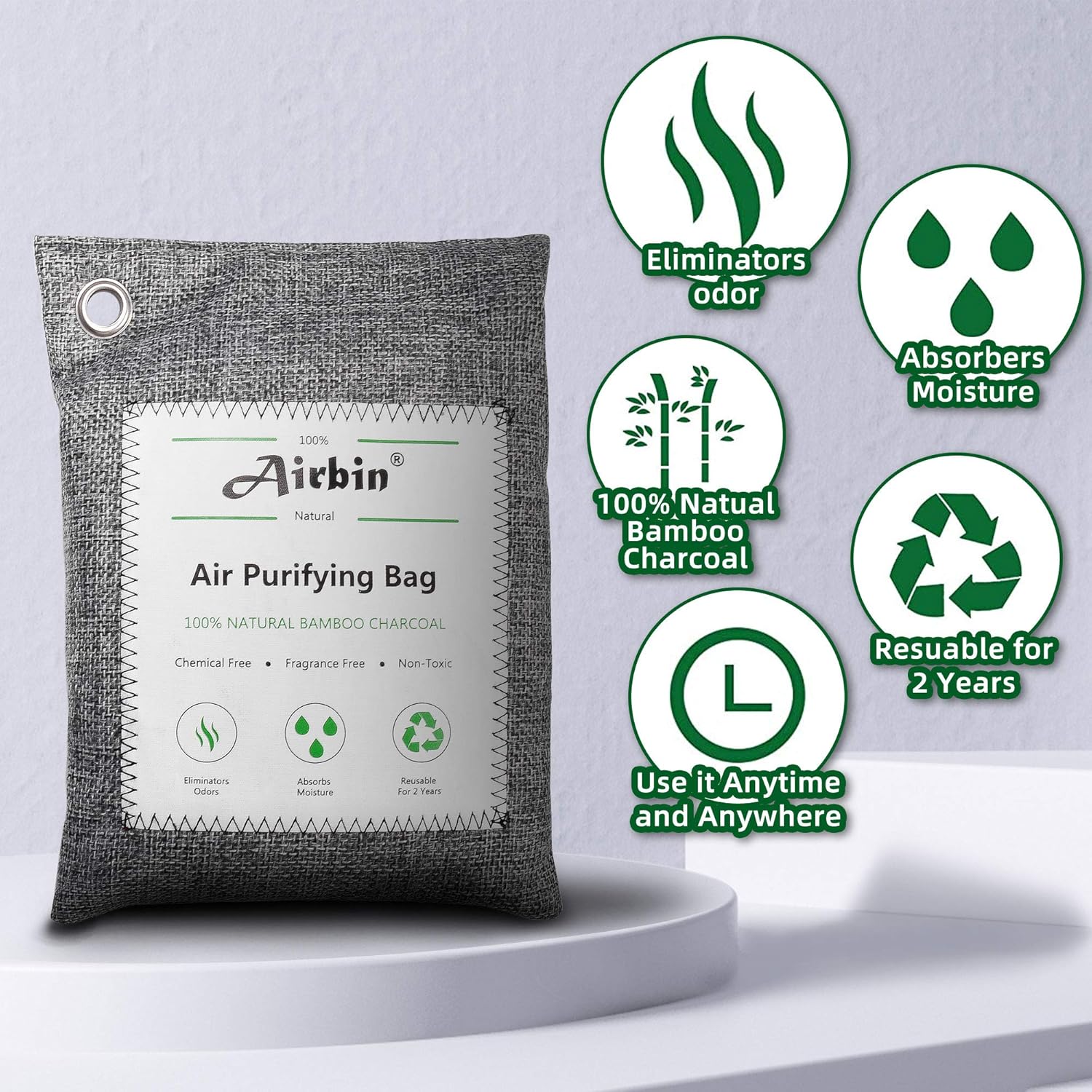 Airbin Bamboo Charcoal Air Purifying Bags 4 Pack，Natural Air Freshener, Odor Absorber for Home, Pets, Shoes, Closet Deodorizer: Kitchen & Dining