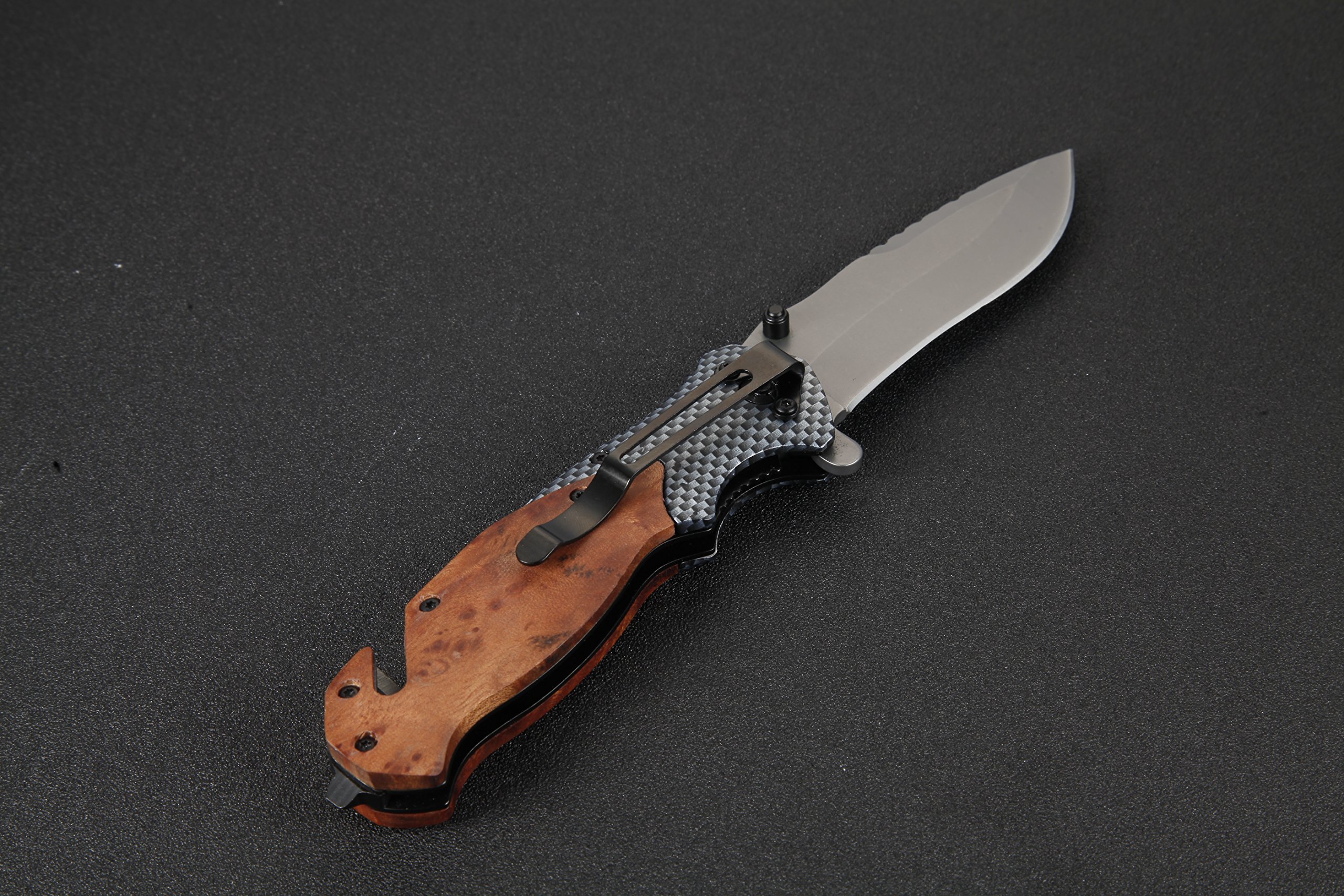 Jeslon Spring Assisted Opening Tactical Folding Pocket Knife, Wood Handle 440C 57HRC Blade Good for Camping Survival and outdoor Activities.