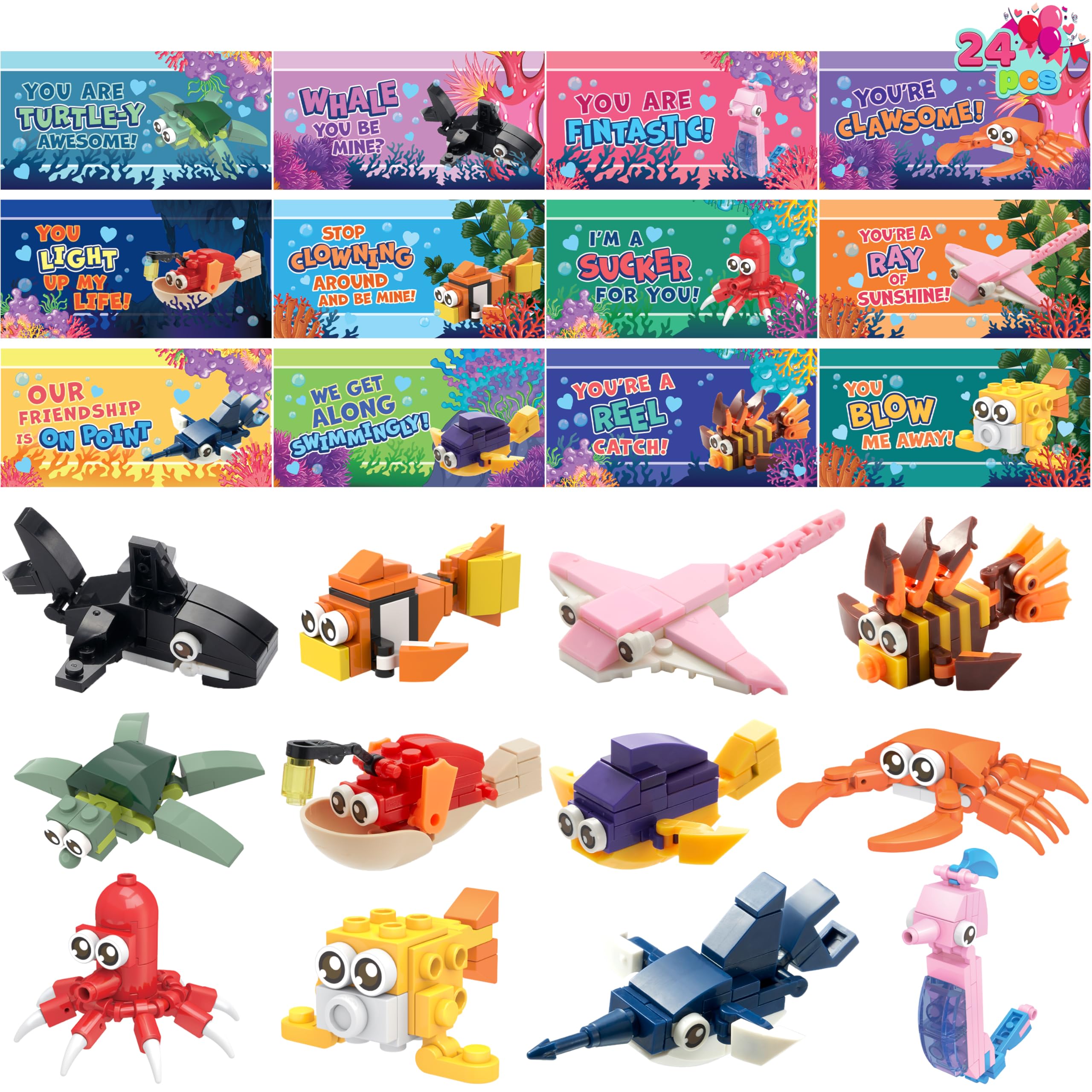 Photo 1 of JOYIN 24 Packs Valentines Day Cards with Ocean Animal Building Block for Party Gifts, Kids Classroom Exchange, Prize Supplies, School Rewards, Valentine's Day Gift Cards for Kids