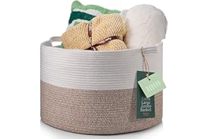 RUBOXA Decorative Jumbo Blanket Basket for Living Room - 100% Cotton Rope Woven Basket for Storage with 2 Easy Carry Handles, Holds up to 40Lb - Ideal for Pillows, Blankets, Laundry Hamper & Baby Toy Bin.