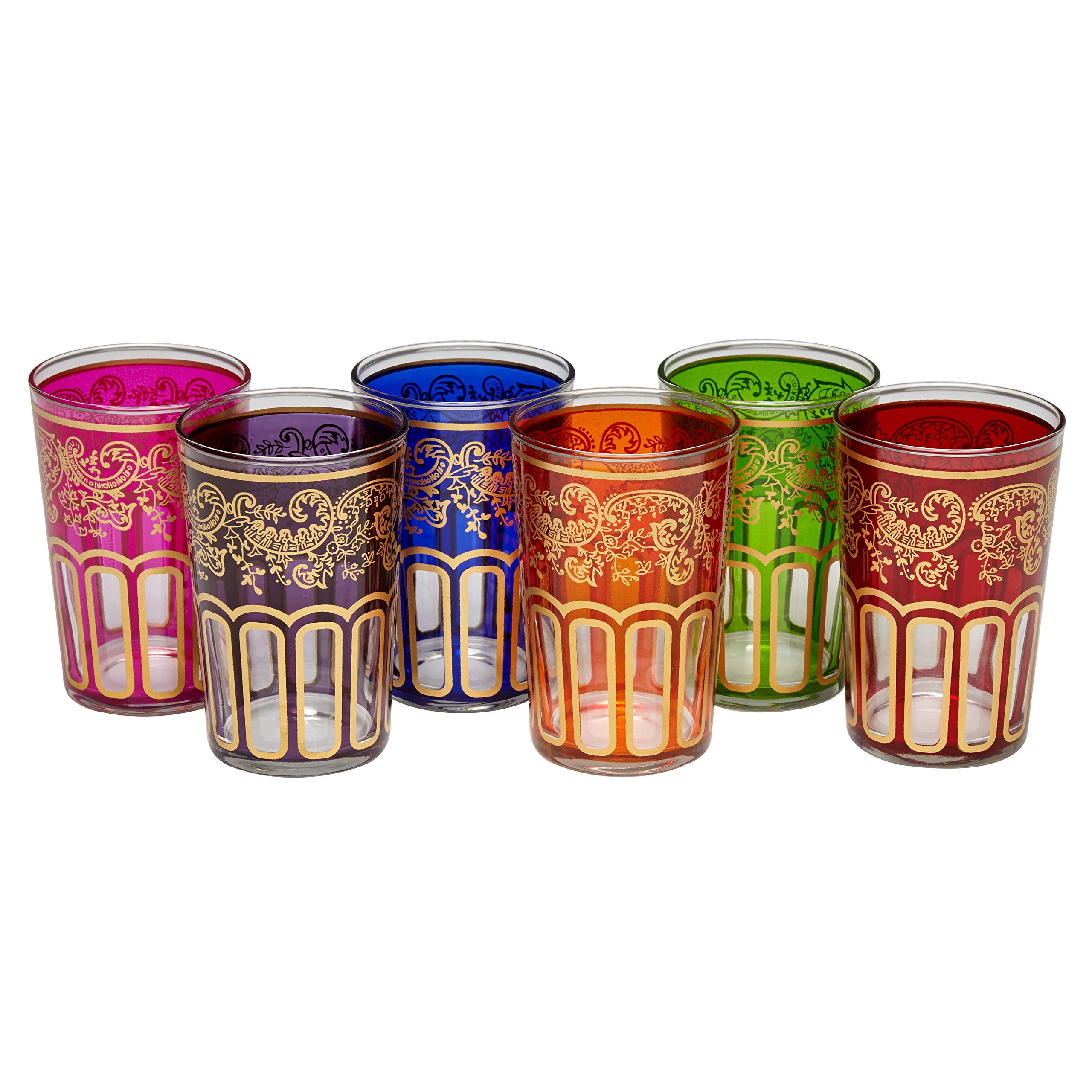 Moroccan Tea Glasses with a Beautiful Classical Moroccan Design Painted and Decorated by Hand Pack of 6 (Multicoloured)