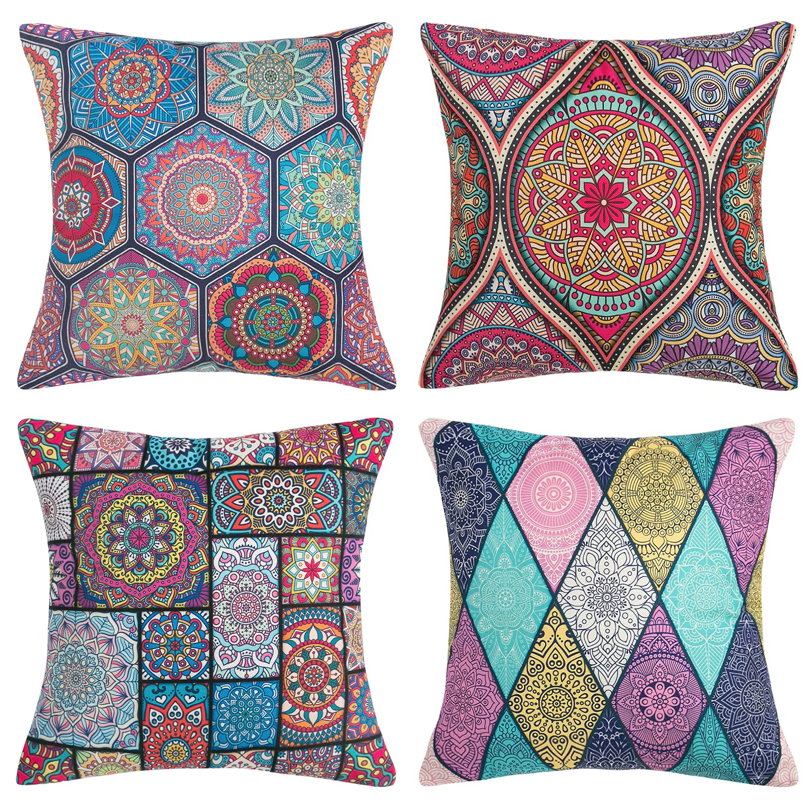 DakTou Decorative Cushion Covers Boho Pillowcases Mandala Flower Pattern Hippie Throw Pillow Case Flax Outdoor Square Covers for Sofa Vintage Home Decor 45 x 45 cm / 18 x 18 inch, Pack of 4