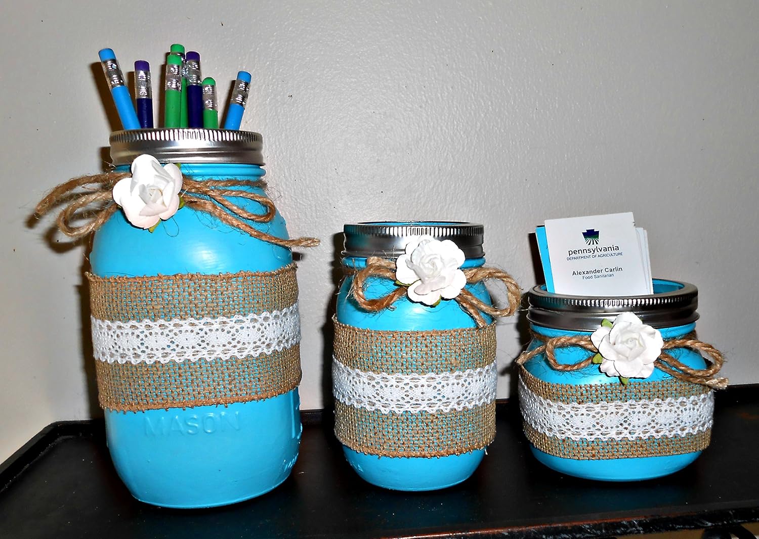 Desk Set, Desk Organizers, Desk Accessories, Shabby Chic, Aqua, Burlap and Jute