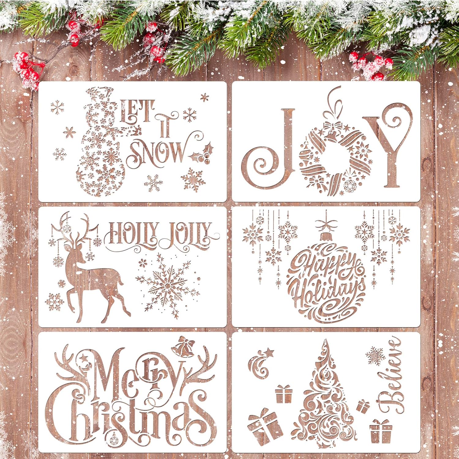 Whaline Christmas Stencils Set of 6 Reusable Plastic Craft Stencils for Crafts and Christmas Painting - Snowflake Design (White)