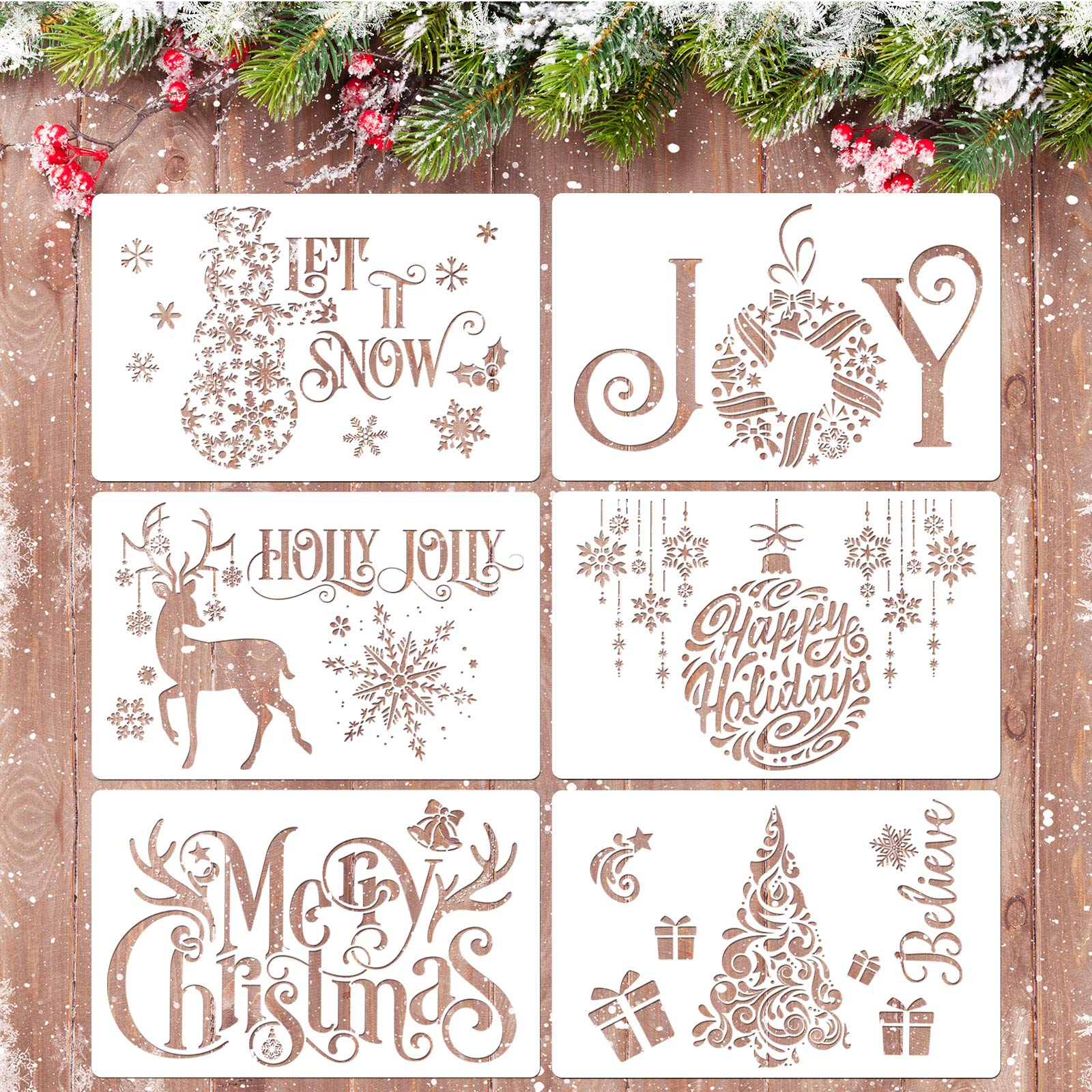 Whaline Christmas Stencils Set of 6 Reusable Plastic Craft Stencils for Crafts and Christmas Painting - Snowflake Design (White)
