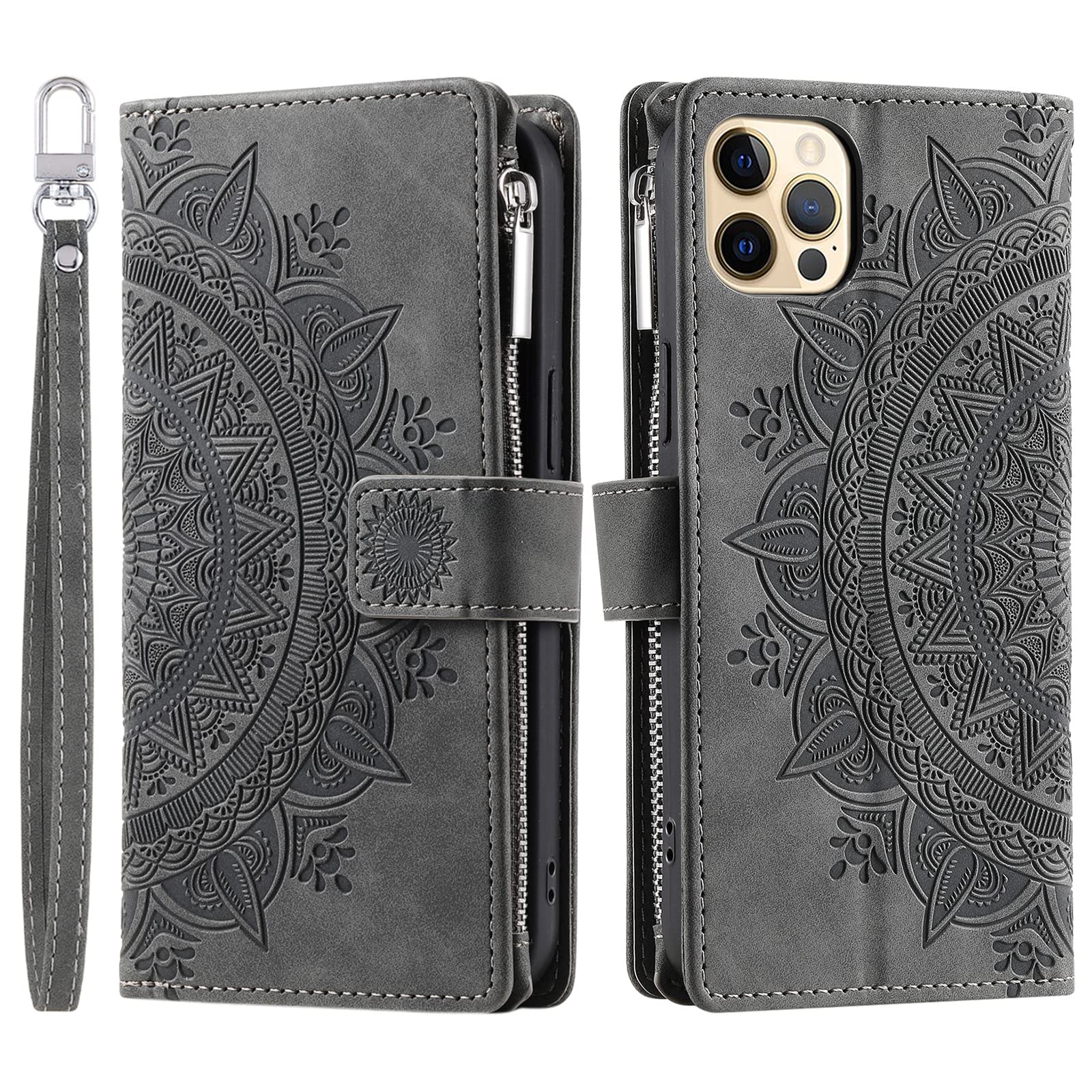 VEEMOS Wallet Case for iPhone 12/12 Pro Flower Flip Case Protective Leather Folio Book Phone Cover with Card Slots Kickstand Zipper Pocket - Grey