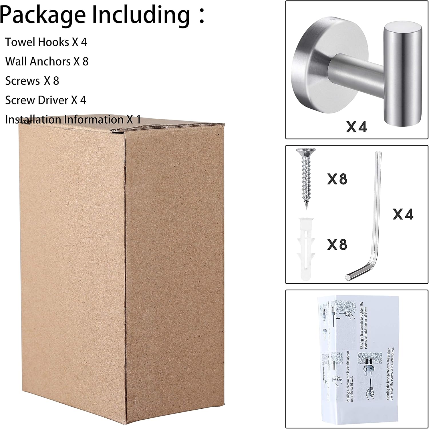 Bath Towel Hooks Robe Hook Holder Wall Mount Heavy Duty Wall Hooks SUS 304 Stainless Steel Coat Hook Closet Door for Bathroom Bedroom Hotel Kitchen Garage Pool 4 Pack (Silver): Home & Kitchen