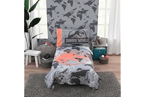NoJo Universal Jurassic World Into The Wild Grey, White, Orange and Aqua T. Rex 4 Piece Toddler Bed Set - Comforter, Fitted Bottom Sheet, Flat Top Sheet and Reversible Pillowcase