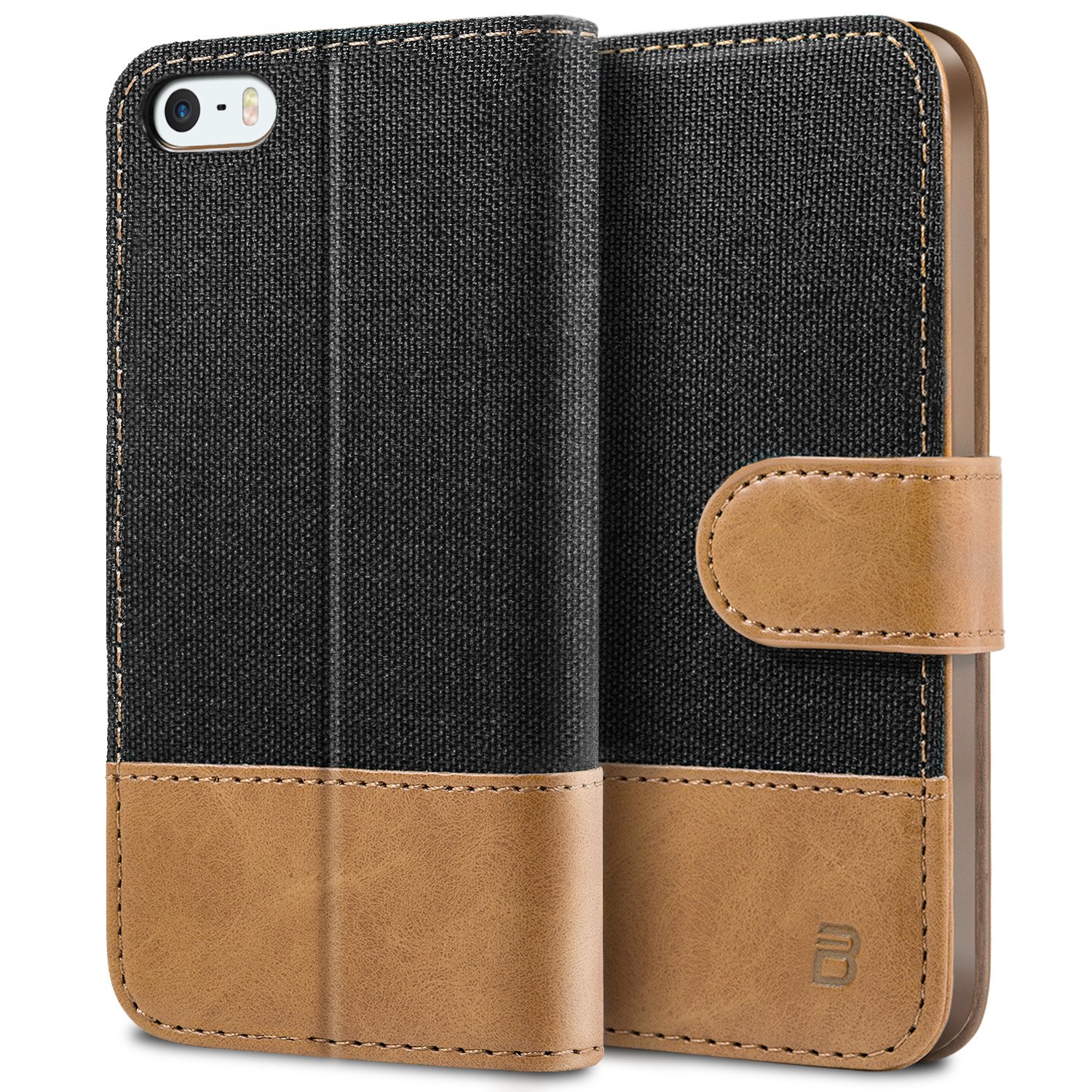 BEZ Case for iPhone 5S Case, Wallet Case Compatible with iPhone 5, iPhone 5S, iPhone SE 2016, Flip Cover [Cancas Faux Leather] with Credit Card Holders, Kick Stand, Magnetic Strap Closure - Black