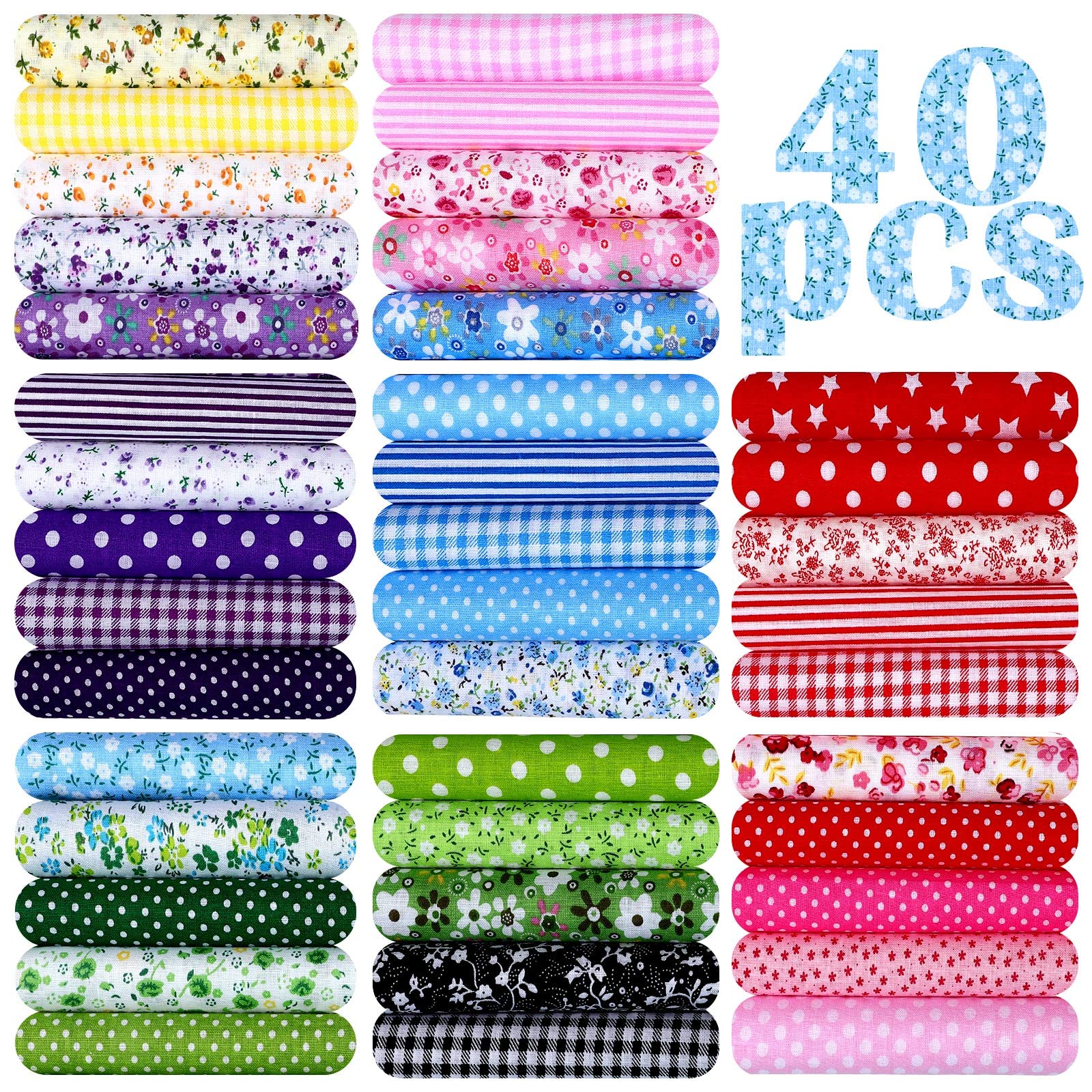 Photo 1 of 40 Pcs 20 x 20 Inch Cotton Fabric Bundle Square Quilting Patchwork Multi Color Printed Floral Fat Flower Animals Cartoon for DIY Crafts Cloths Handmade Accessory(Bright Style)