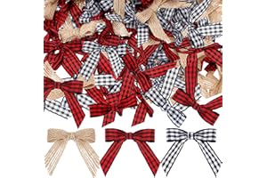 SYHOOD Christmas Mini Burlap Bow Buffalo Plaid Bow White and Black Checkered Bows Red and Black Gingham Ribbon Bows Farmhouse Home Decoration for Christmas Tree DIY Crafts, 3 Colors (60 Pieces)
