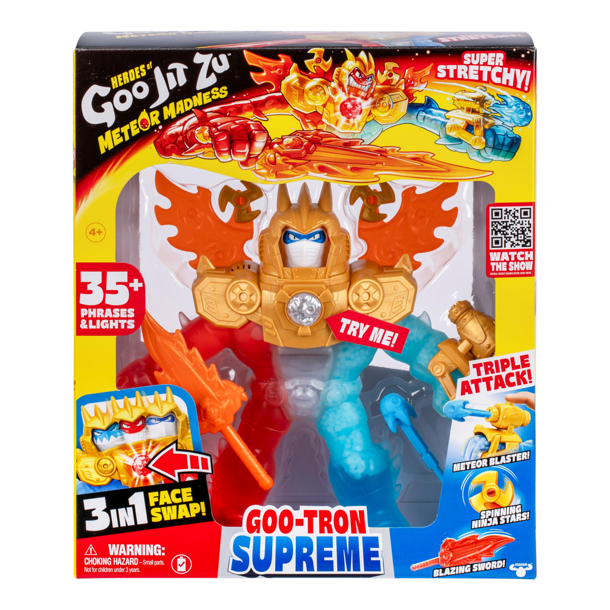 Heroes of Goo Jit Zu Goo-Tron Supreme Combines The Power of Blazagon, Pantaro & Thrash in 1 Ultimate Hero, with 3 Different Goo Fillings, 35+ Phrases & Lights, Face Swap & Triple Attack Feature