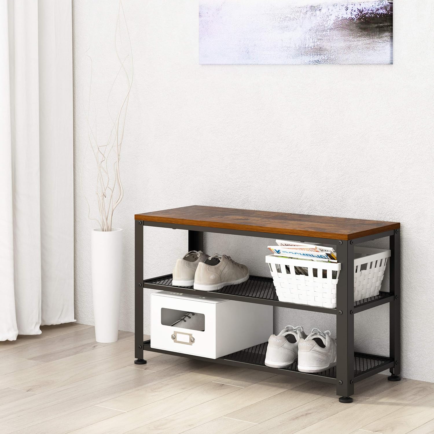 JOISCOPE Shoe Bench, 2-Tier Industrial Shoe Storage Rack with Seat for Small Spaces, Entryway, Foyer, Hallway(Vintage Oak Finish): Kitchen & Dining