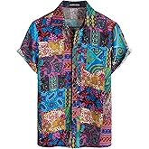 PARKLEES Men's Cotton Linen Vintage Pattern Printed Old Style Shirt Casual Short Sleeve Button Down Retro Shirts