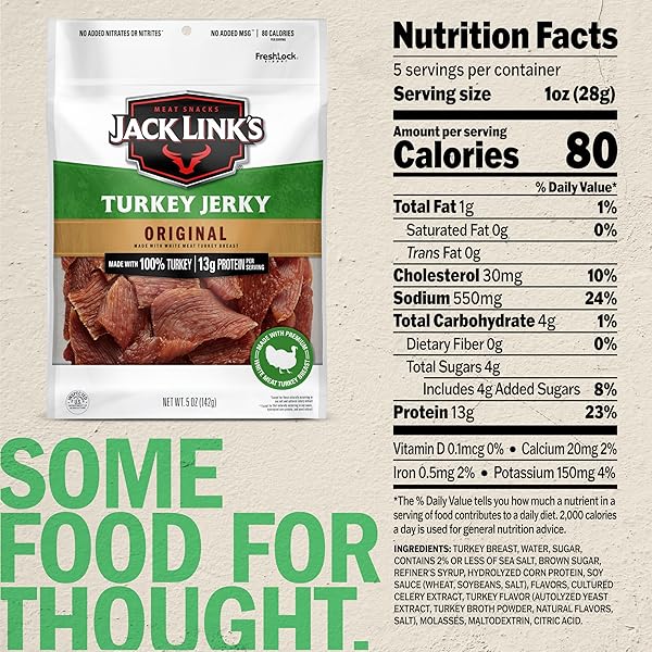 JACK LINK’S TURKEY JERKY, ORIGINAL, JERKY BAG – FLAVORFUL SNACK, READY TO EAT PROTEIN SNACKS WITH 13G OF PROTEIN PER SERVING, MADE WITH 100% TURKEY, KETO FRIENDLY – 5 OZ.