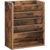 CHOEZON Wall File Organizer, 6-Tier Vertical Mount Hanging Holder with 2 Side Hooks, Vintage Wooden Magazine Storage Crate with Bottom Flat Tray, Desk Organizer, for Office, Home, Rustic Brown MWJ01FG