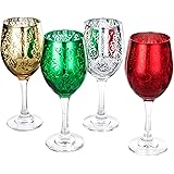 MyGift Etched Glass Colored Christmas Wine Glasses, Set of 4