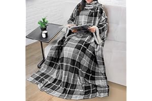 PAVILIA Fleece Blanket with Sleeves for Women Men Adults, Wearable Blanket Warm Soft Plush, Snuggle Pocket Sleeved TV Throw Wrap, Cozy White Elephant Gifts Ideas for Mom Wife, Plaid Gray