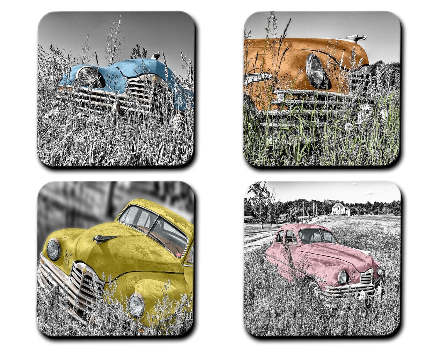 Vintage Car Drink Coasters Hardboard 4pc set. Handmade