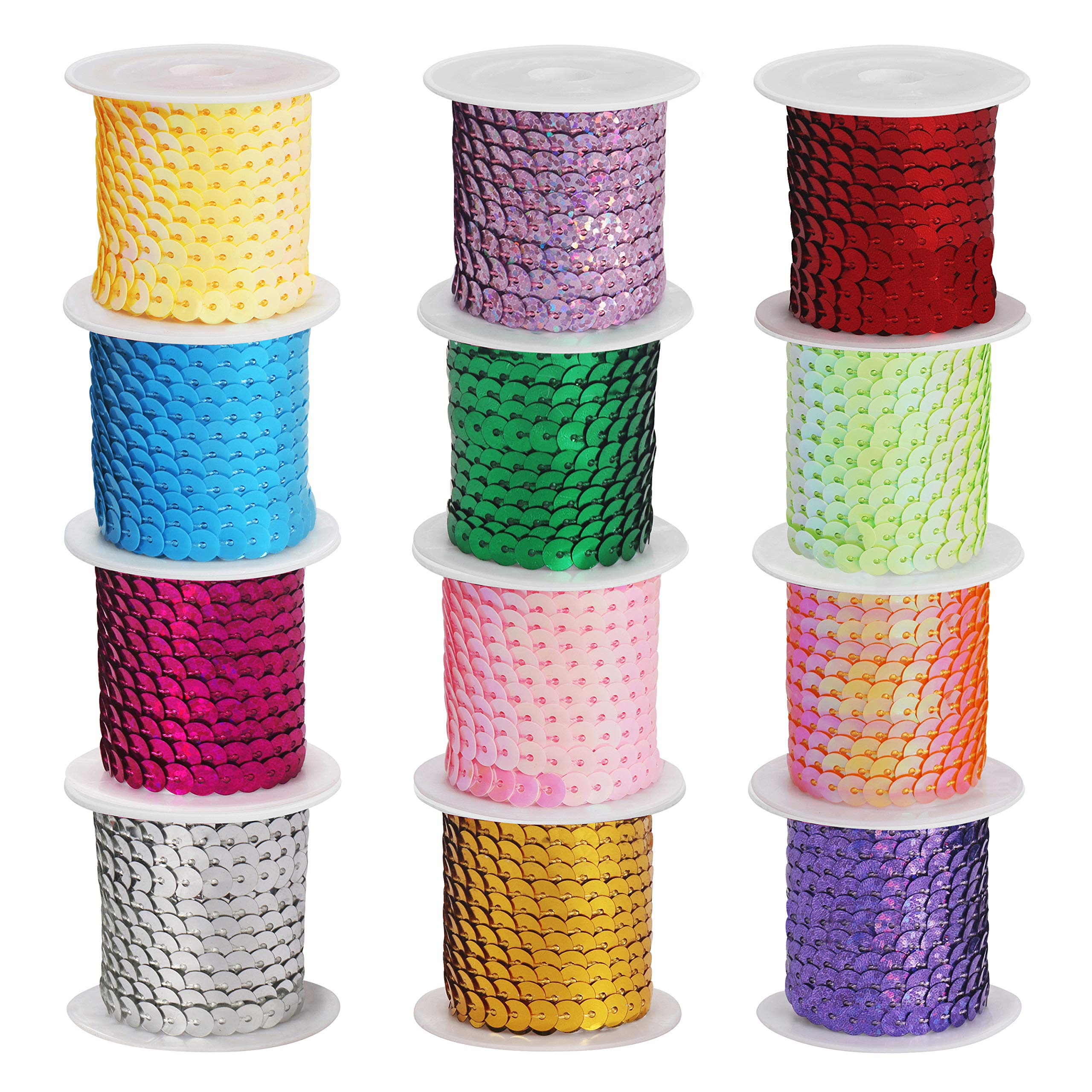 Belle Vous 4m Sequin Paillette Trim String - 12 Assorted Spools with 6mm Coloured Faceted Flat Sequins - Spangle Sequin Rolls for Jewellery Making, Ribbon Making, Costumes, Sewing and Embellishments