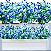 DRT DERUITAI 8 Bundles Artificial Fake Flowers Outdoor,UV Resistant Outside Faux Plastic Flowers Shrubs for Outdoors Patio Garden Porch Décor(Blue)