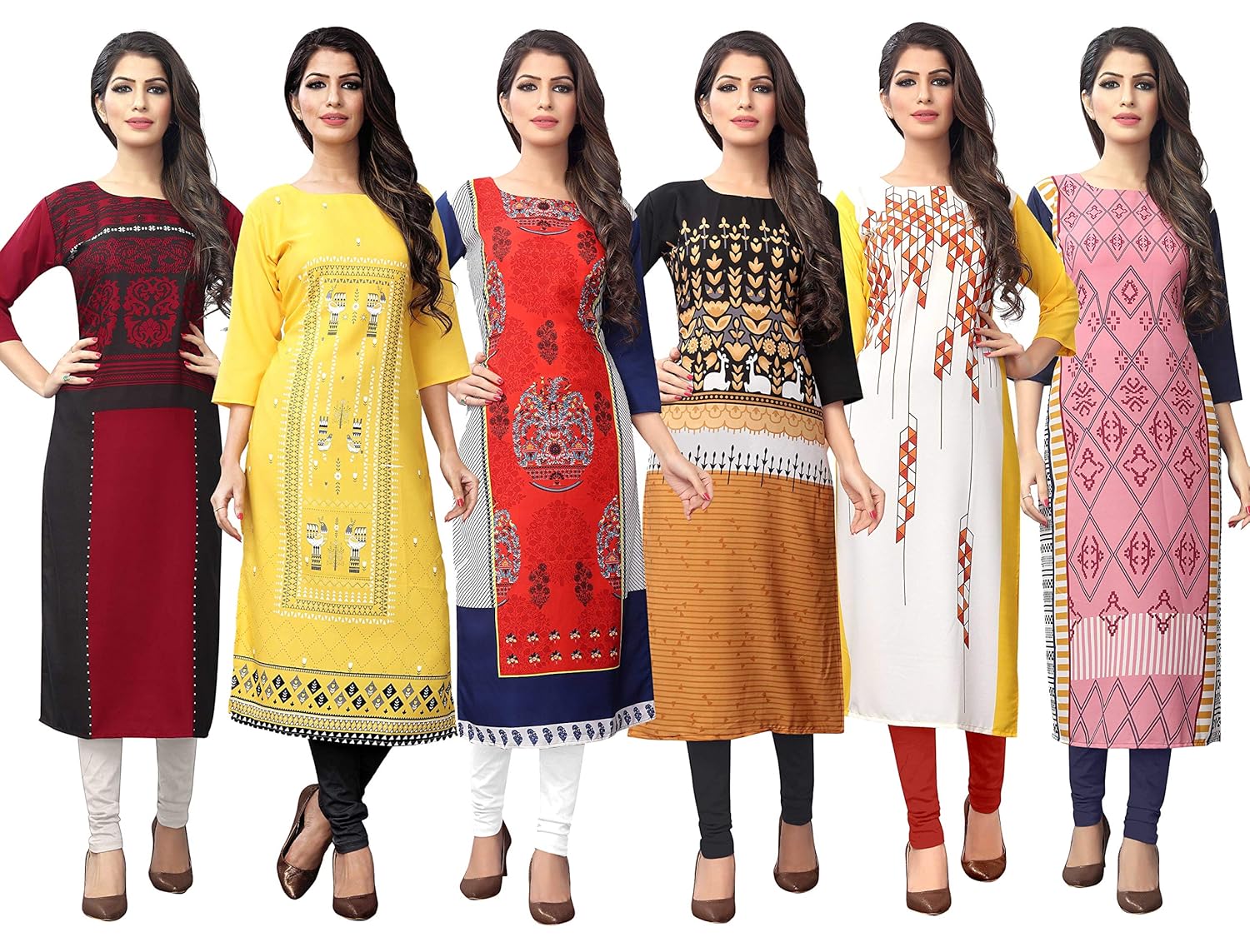 1 stop fashion women's multi-coloured crepe knee long w style kurtas/kurti combo (set of 6)