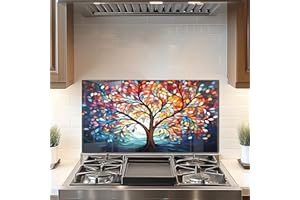 DAIFURONGE Tempered Glass Backsplash for Kitchen, Tree of Life Art Stove Backsplash Protector - Easy to Clean Wall Decor (Art Deco 2, 30"x16"(76.2x40.64cm))
