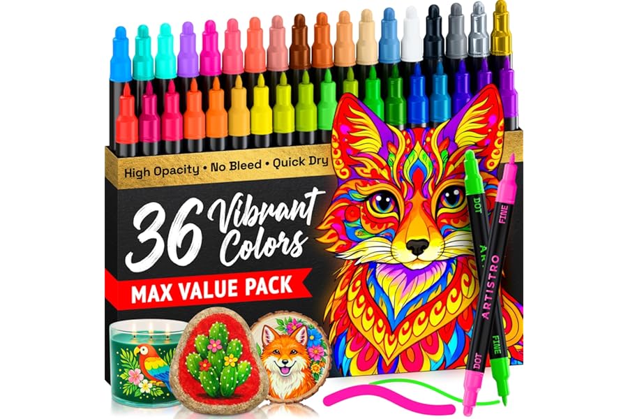 ARTISTRO 36 Precision Dual-Tip Acrylic Paint Markers – Paint Pens Set with Dot & Fine Tips for Fabric, Rock, Glass, Wood, Col