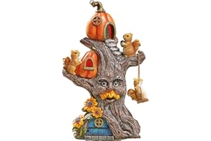 TERESA'S COLLECTIONS Fall Decor, Pumpkin Decor, Tree Spirit and Squirrels Pumpkin House with Solar Lights, Outdoor Fall Decor Waterproof Resin, Fall Gift Outdoor/Indoor,11"