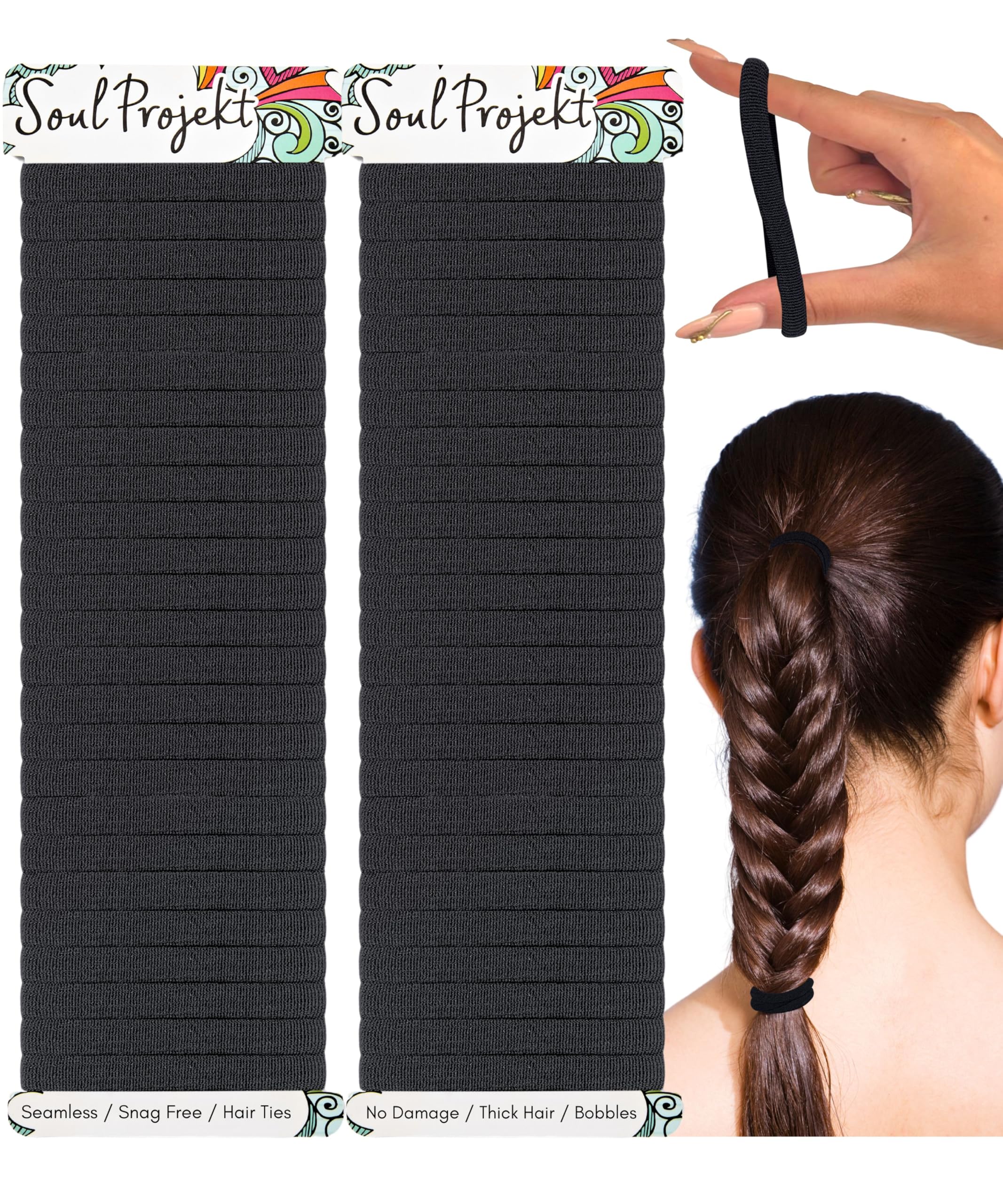 Soul Projekt Black Thick Hair Bands 50 Pack 8mm, Bobbles for Women and Girls, Ladies Black Hair Band, School Hair Accessories, Snag Free Kids Hair Ties — image 1