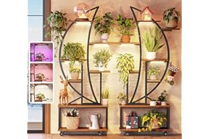 PRAISUN 62 Inch Plant Stand Indoor with Grow Lights, Set of 2, 8 Tiered Plant Shelf with Larger Flower Holder, Half Moon-Shaped Stand with Hook, Wheels, Plant Rack for Living Room, Rustic Brown