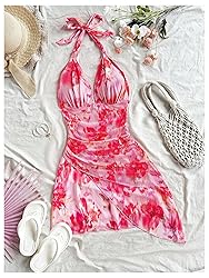 BEAUDRM Women's Floral Print Sleeveless Halter Deep