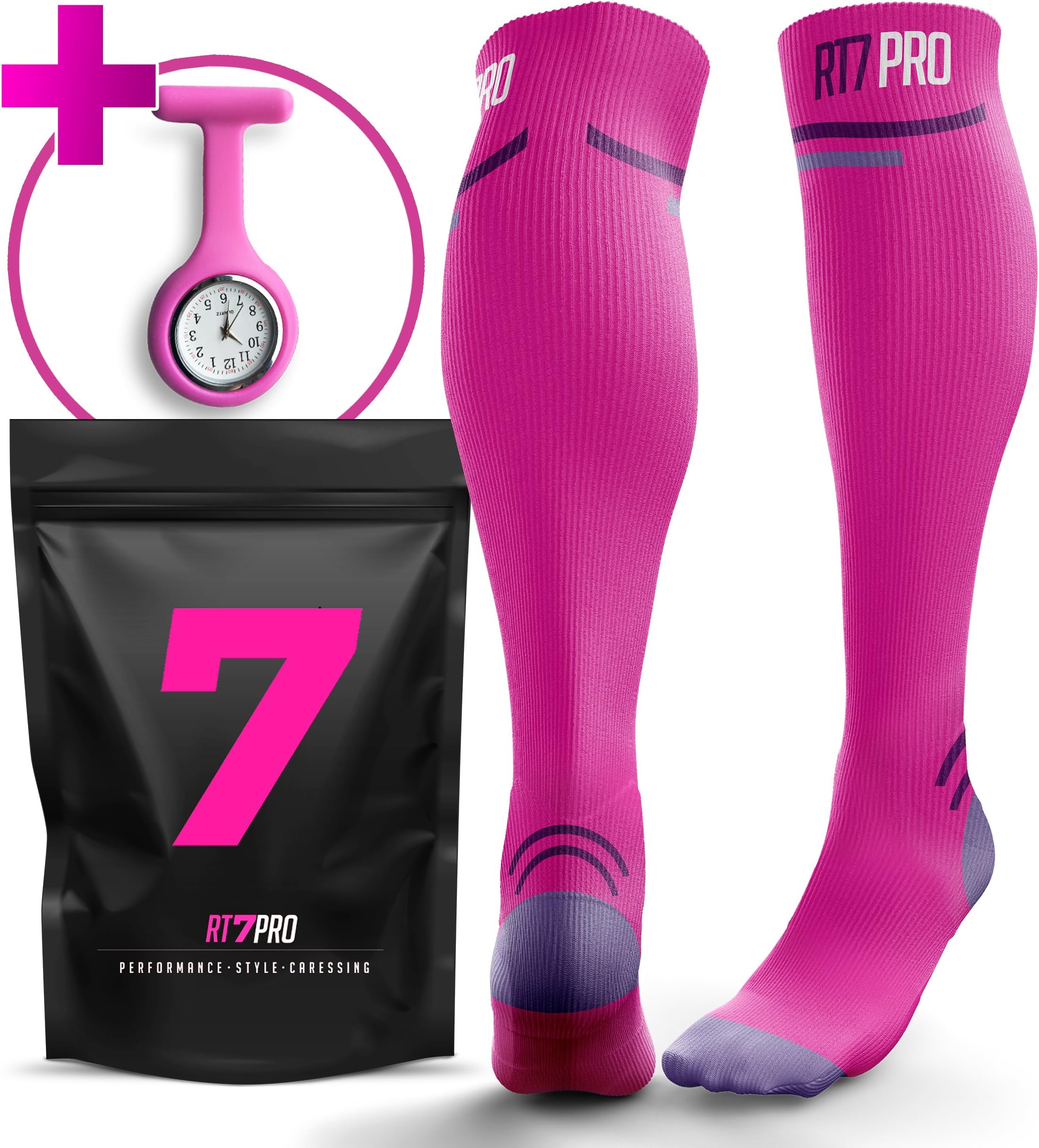 Compression Socks for Nurses - Free Nurse Watch - Best Gifts for Nurses, Pink/Pu
