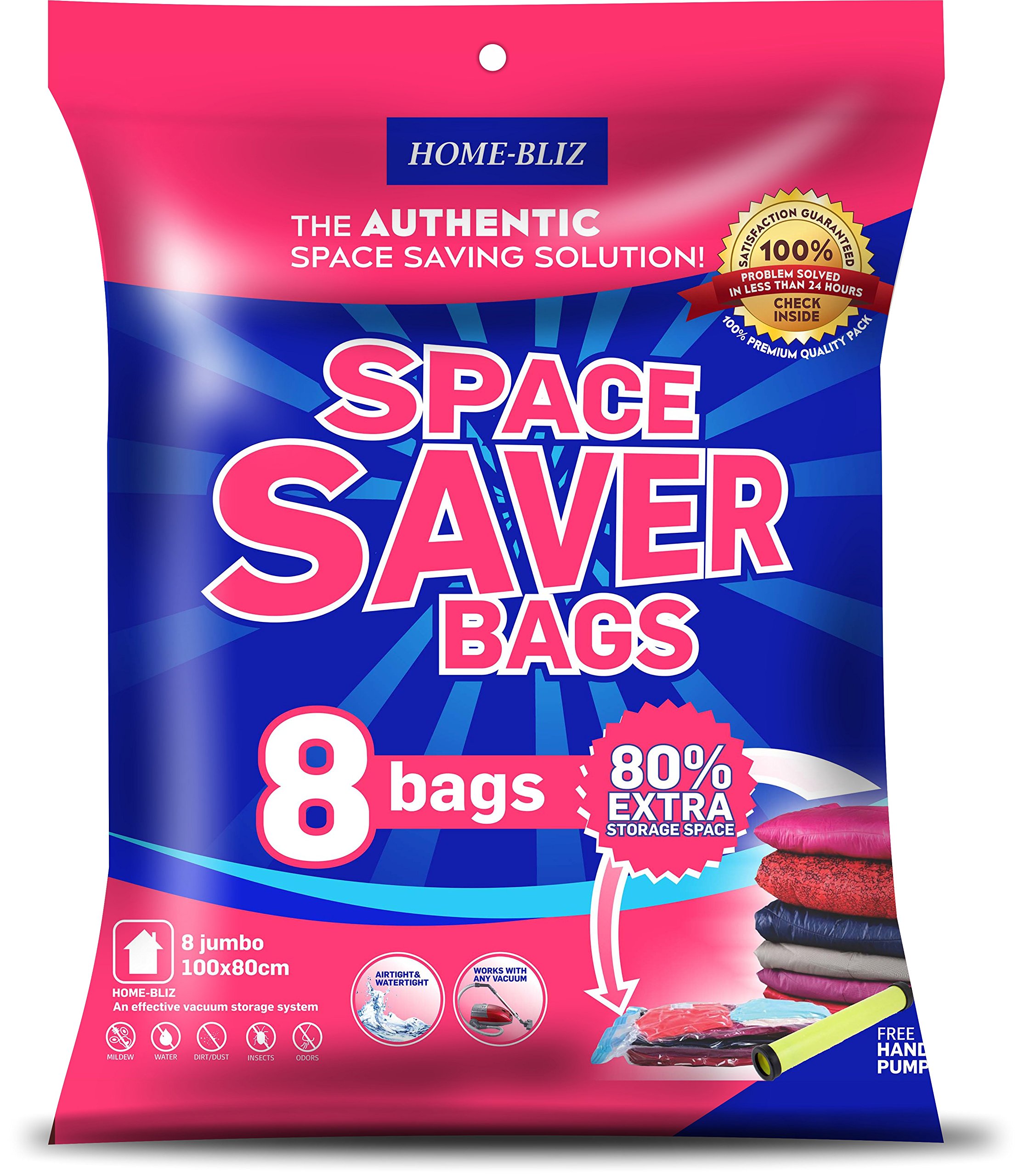 Premium Vacuum Storage Bags* (8pack 100 x 80CM ) Extra Thick Space Saver Bags* Thicker and Stronger Jumbo Vacuum Bag Storage * More bags in the pack than other Brands out there. 8 Jumbo bags + FREE Hand-Pump for Travel!Double-Zip Seal and T