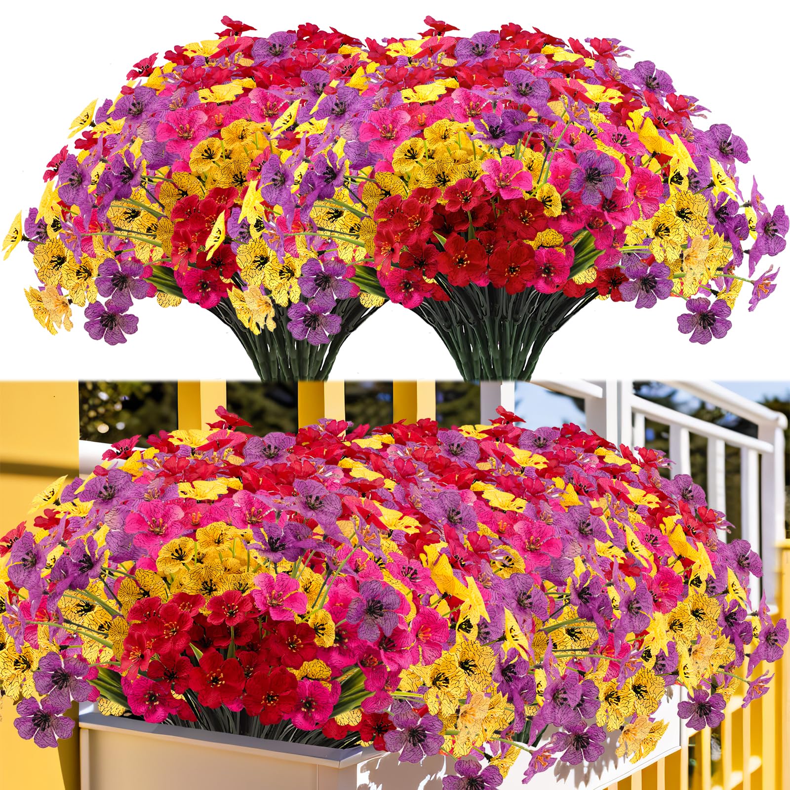 Kinisty 16 Bundles Outdoor Artificial Flowers UV Resistant, No Fade Fake Silk Flowers with Decorative Faux Plastic Plants for Outside Garden Window Box Hanging Baskets, Red Yellow Purple Fuchsia