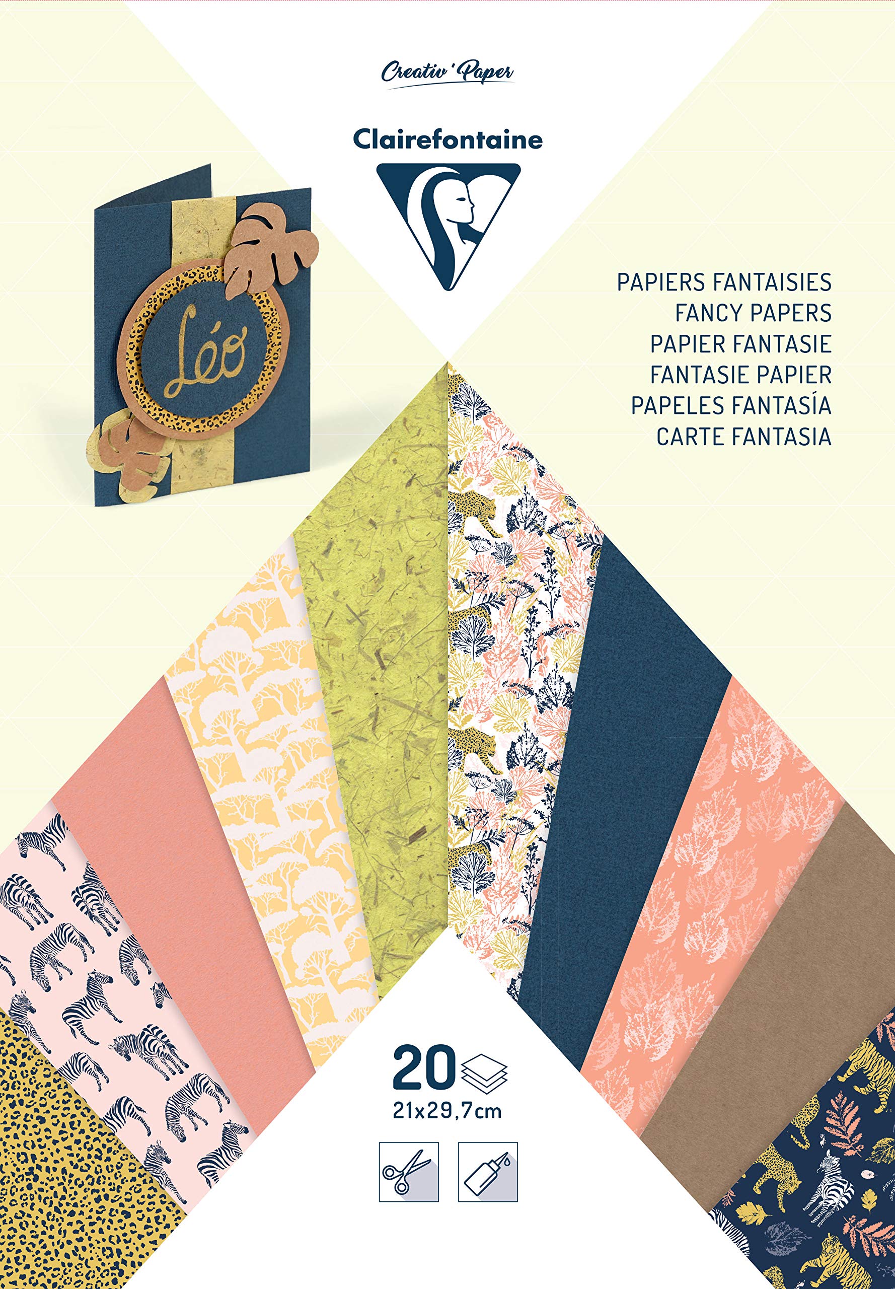 Clairefontaine 95633C Pad of 20 Creative Papers Format A4 21x29,7cm Motif Paper Kraft Paper Tracing Progressive Banana Paper Recycled Paper Scrapbooking Safari