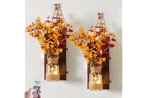 Anna's Whimsy 2PACK Fall Decor Mason Jar Sconce Wall Decor Rustic with Remote Control LED Fairy Lights - Artificial Fall Flowers Fall Decorations for Home Bedroom Farmhouse(Lysimachia Christinae)