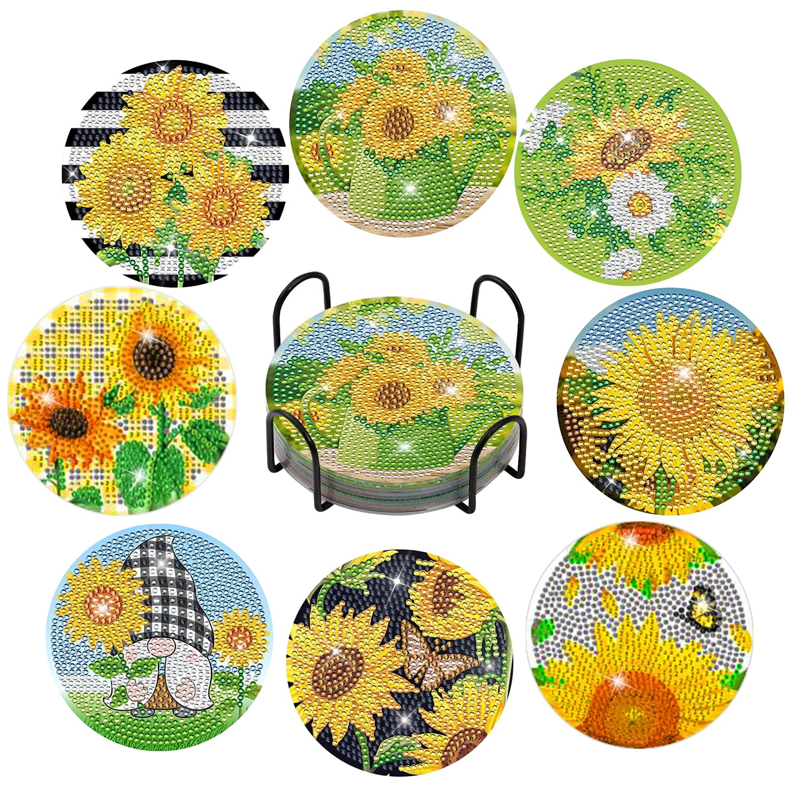 Pack of 8 Diamond Painting Coasters with Holder, Diamond Painting Adults, Reusable DIY Sunflower Cup Coasters with Diamonds and Mounting Tools for Cups, Vases, Candles Decoration