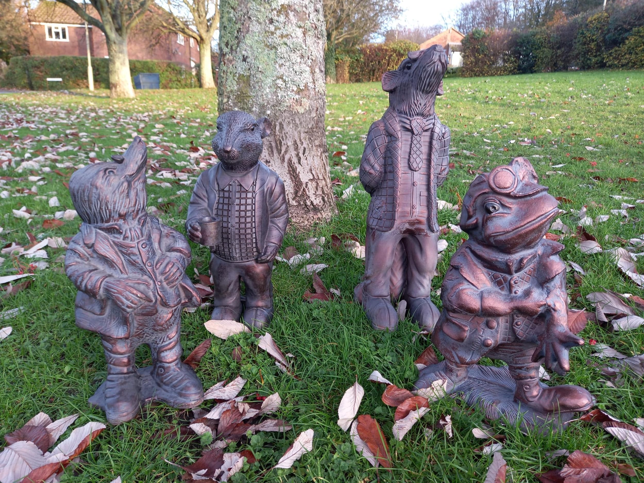 F&G Supplies 4 extra large Wind in the Willows Garden Sculptures in aged verde finish - featuring Toad, Ratty, Mole and Badger - hand finished !