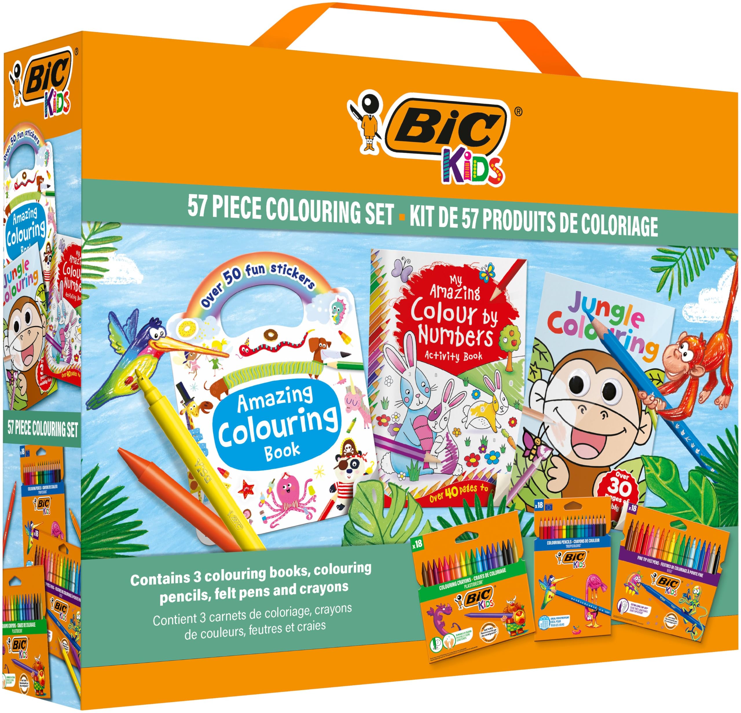 BIC Kids 57 Piece Colouring Set: 18 Colouring Pencils, 18 Felt Tip Pens, 18 Wax-Free Crayons, and 3 Colouring Books