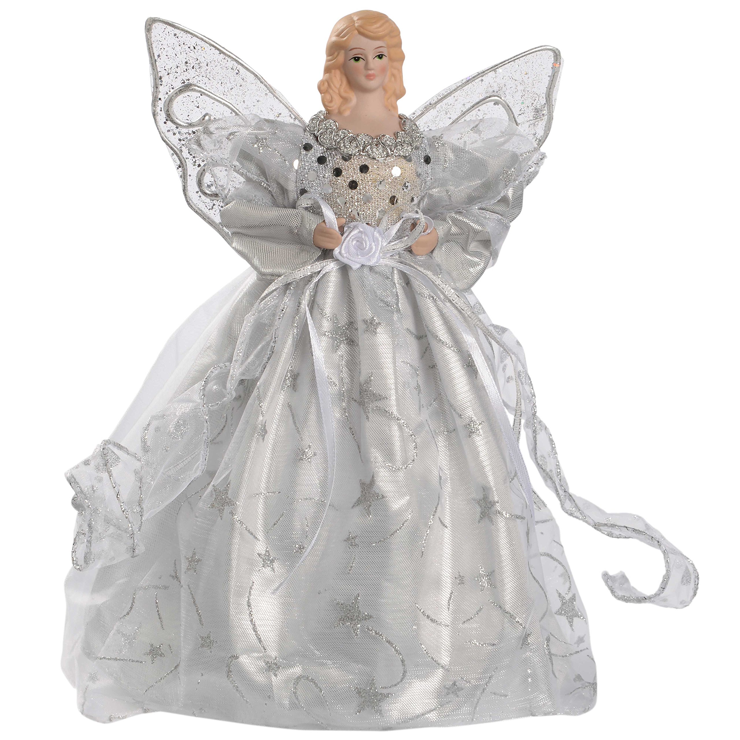 WeRChristmas Angel Decoration Christmas Tree Top Topper with Feather Wings, 25 cm - Silver