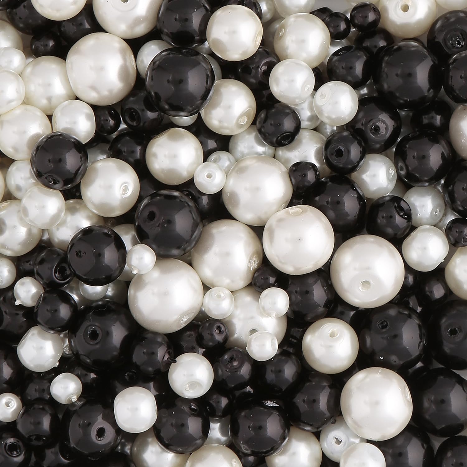 Glass Pearl Round Beads, Black and White Beads with Pearl Treatment; 4mm, 6mm 8mm and 10mm Beads. 490 pcs - Image 3