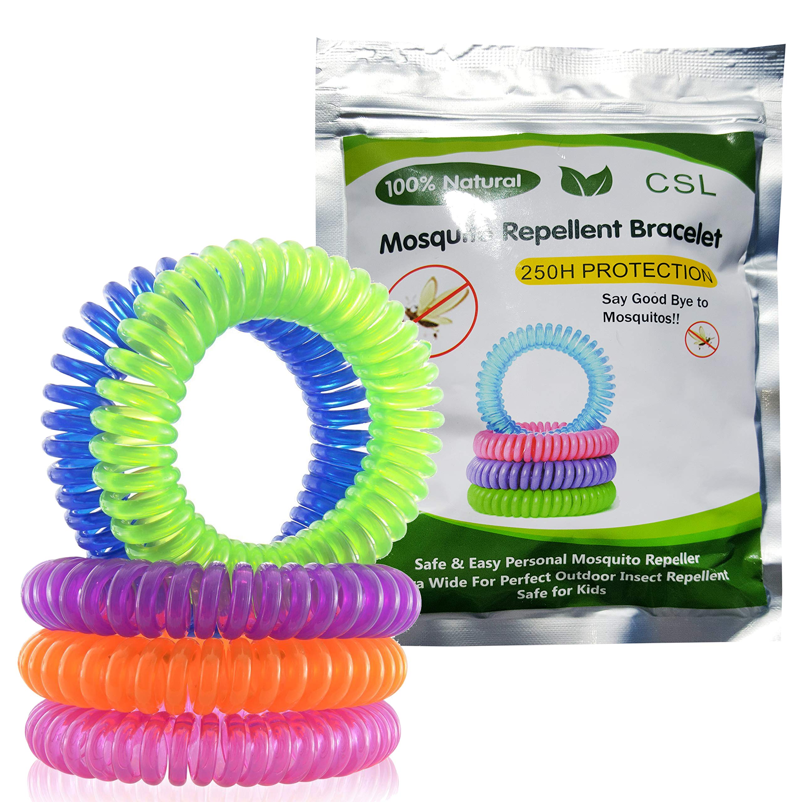 CSL Mosquito Repellent Bracelets - 10 Pack - All Natural, Deet Free and Waterproof Bands for Adults and Children Foiled Packed
