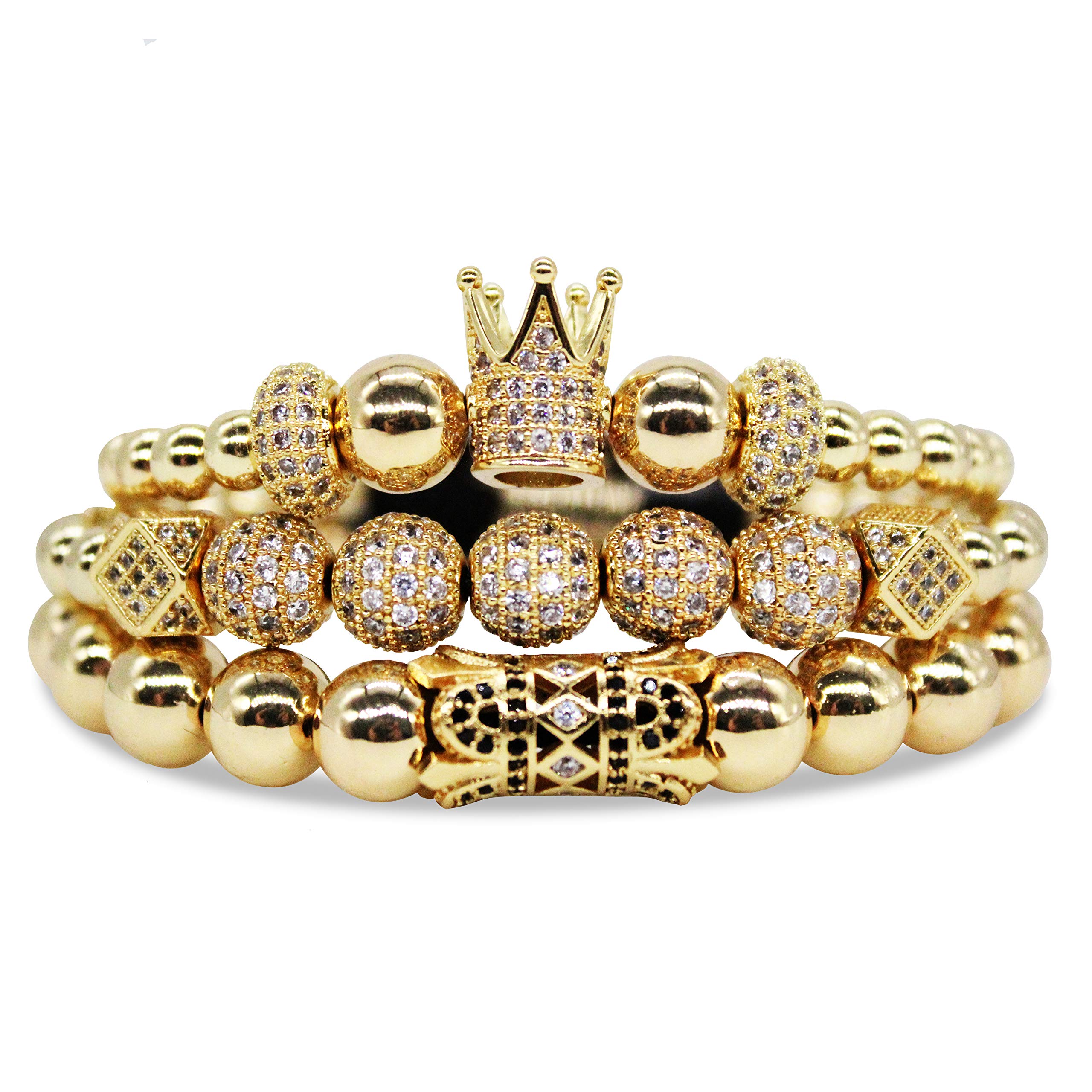 Cutenation Imperial Crown King 18K Gold CZ Beads Bracelet Luxury Charm Fashion Bangle for Men Women