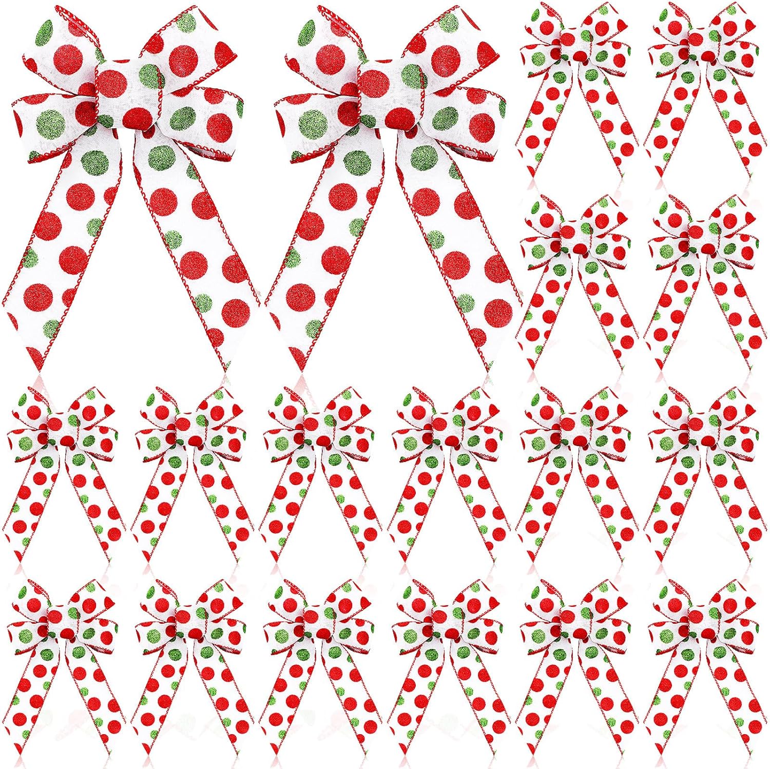 Bows & Ribbons - Craftsatin 24 Pieces Christmas Wreath Bows Red Green Polka Dot 6.3'' x7.9'' Large Premade Bows Xmas Tree Topper for Outdoor Indoor Wreath Garlan Party Wedding Decor DIY Crafts (White, Green and Red)