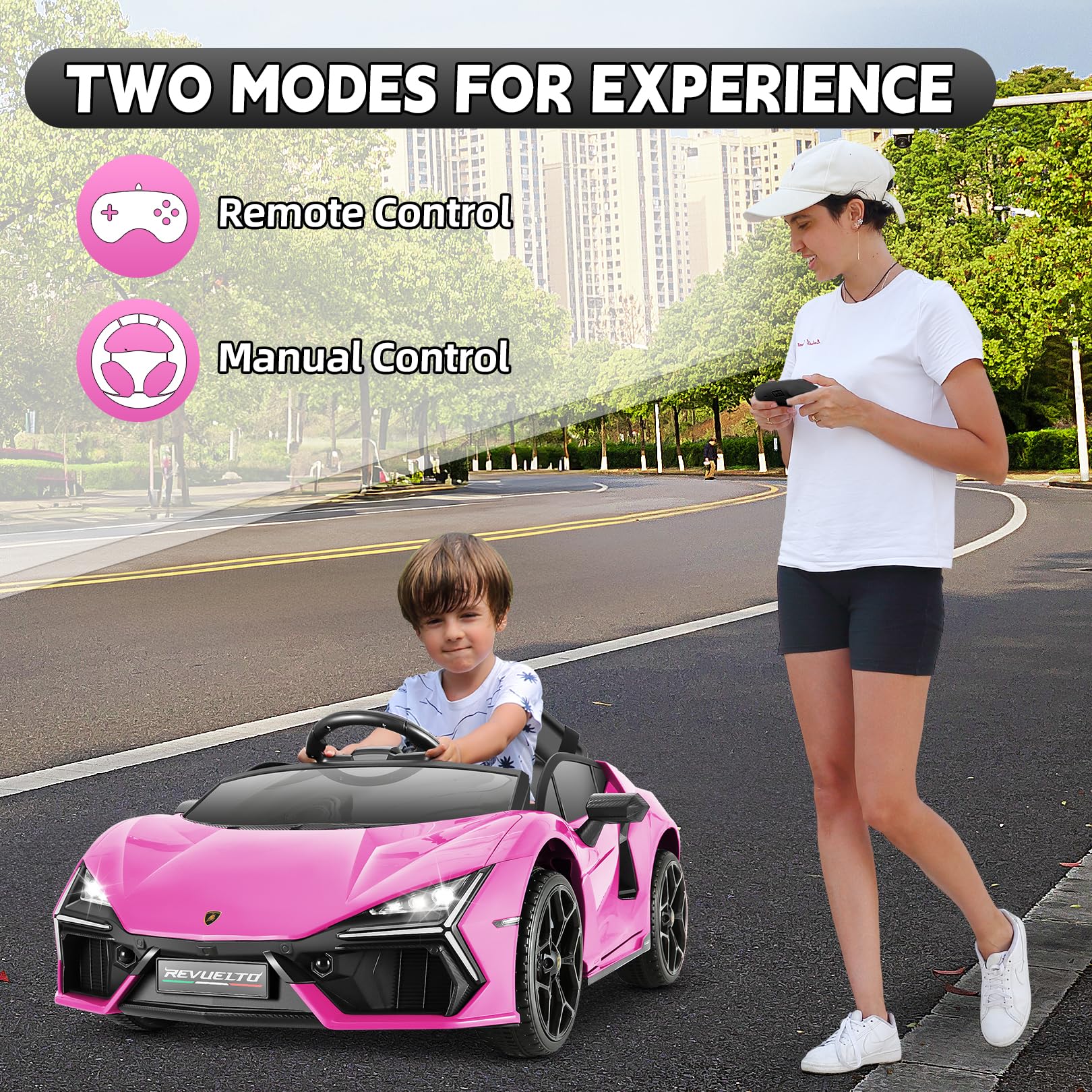 Hikole Lamborghini Toy Car, 12V Electric Sport car, with Remote Control, Motorized Cars for Toddlers, Hydraulic Doors, Brake Caliper, 3 Speeds, Safety Belt, Music/USB/Bluetooth, Hot Pink