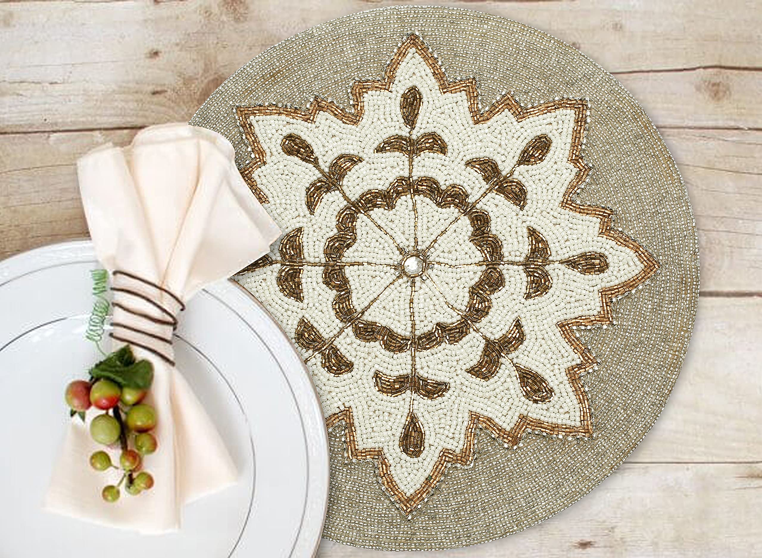 Beaded Placemat 2 Pack- Snowflakes Round Hand Beaded Charger Placemat -White Silver Unigold- 13 Inch ( 32CM) Round - Hand Made by Skilled artisans - A Beautiful complement to Your Dinner Table décor