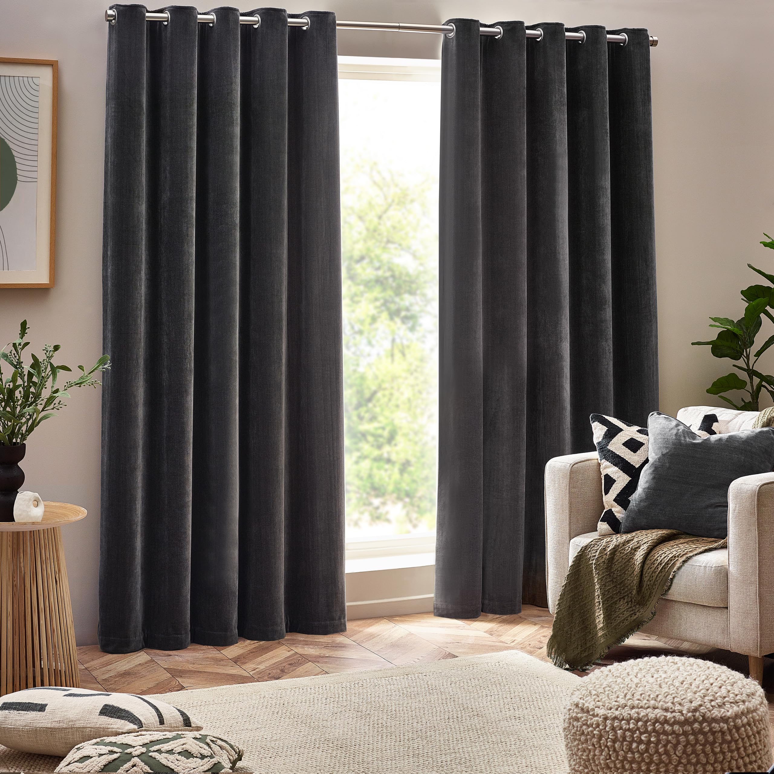 Yard Heavy Chenille Eyelet Curtain Pair – Lined Room Darkening, Soft Velvet Home Décor (Charcoal - Width 168 x Drop 137cm)