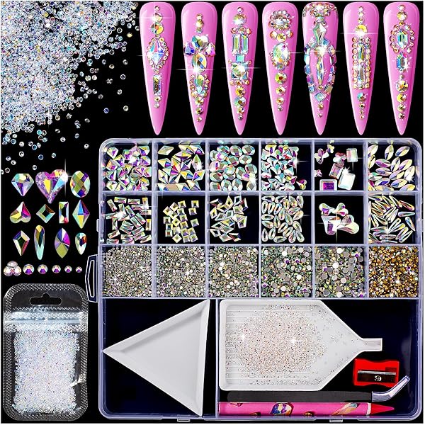 Bellebost 3D Nageldesign Strass-Set Mit über 1840 Steinen – Inkl. Pinzette & Pick-Up-Stift Für Maniküre & Basteln