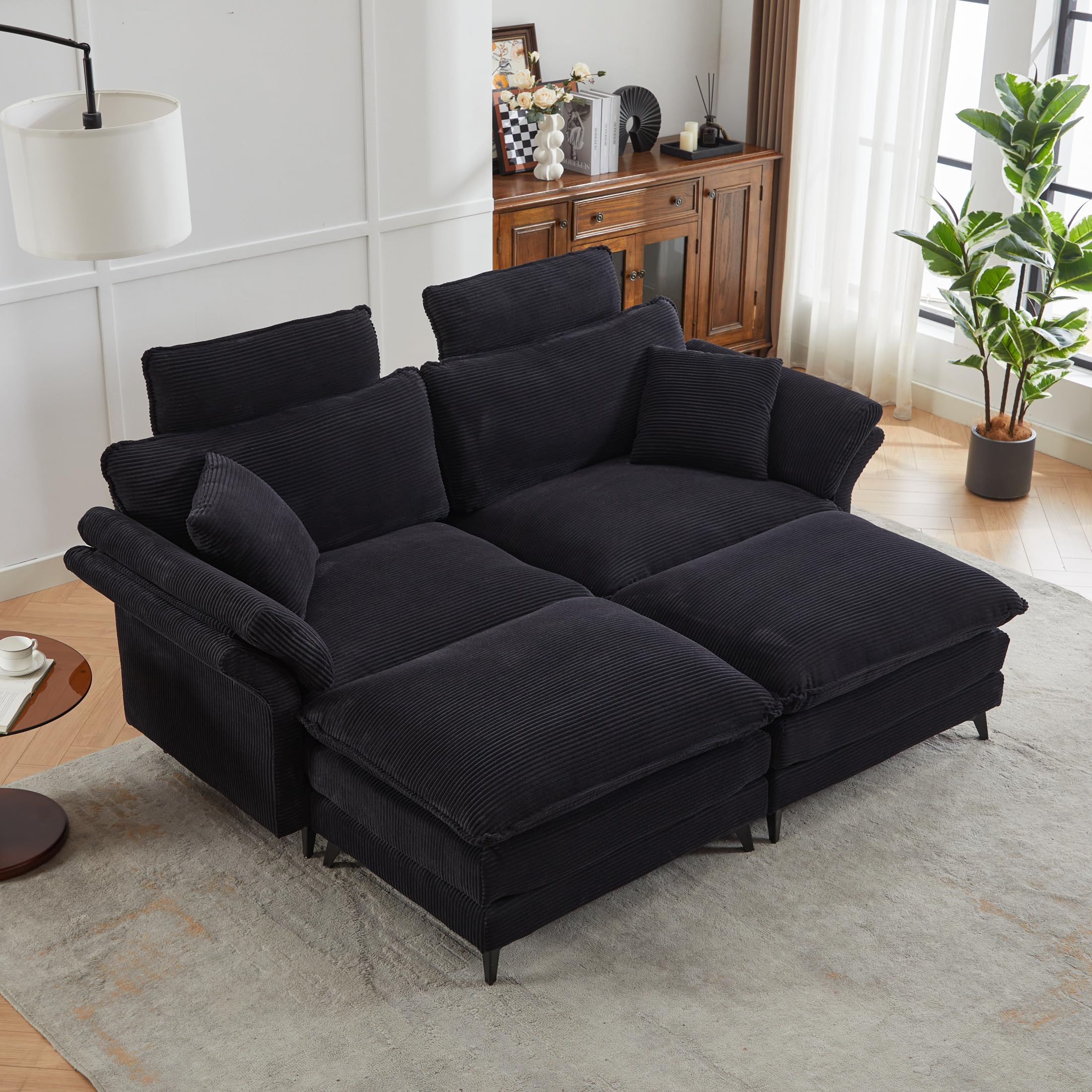 Photo 1 of KEIKI 85.8" Oversized Corduroy Loveseat Sectional Sofa w/Movable Ottoman & Headrests,Modern Minimalist Deep Seat Cloud Couches with Extra-Thick Cushions, for Living Room, Apartment,Bedroom,Black